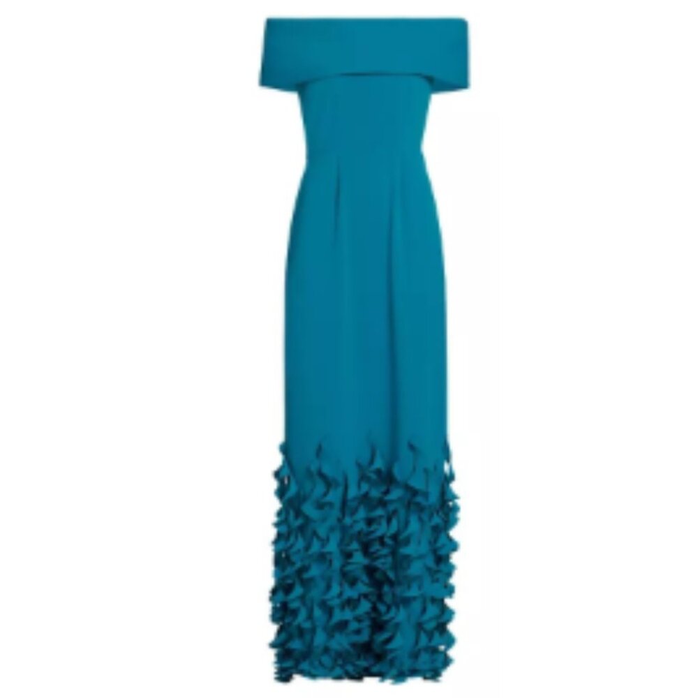 Catherine Regehr OFF SHOULDER ROLL COLLAR GOWN W/ SPIRAL HEM ~EUC~ *12* Seafoam